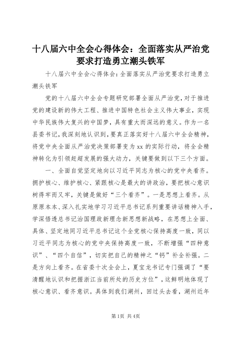 5十八届六中全会心得体会：全面落实从严治党要求打造勇立潮头铁军