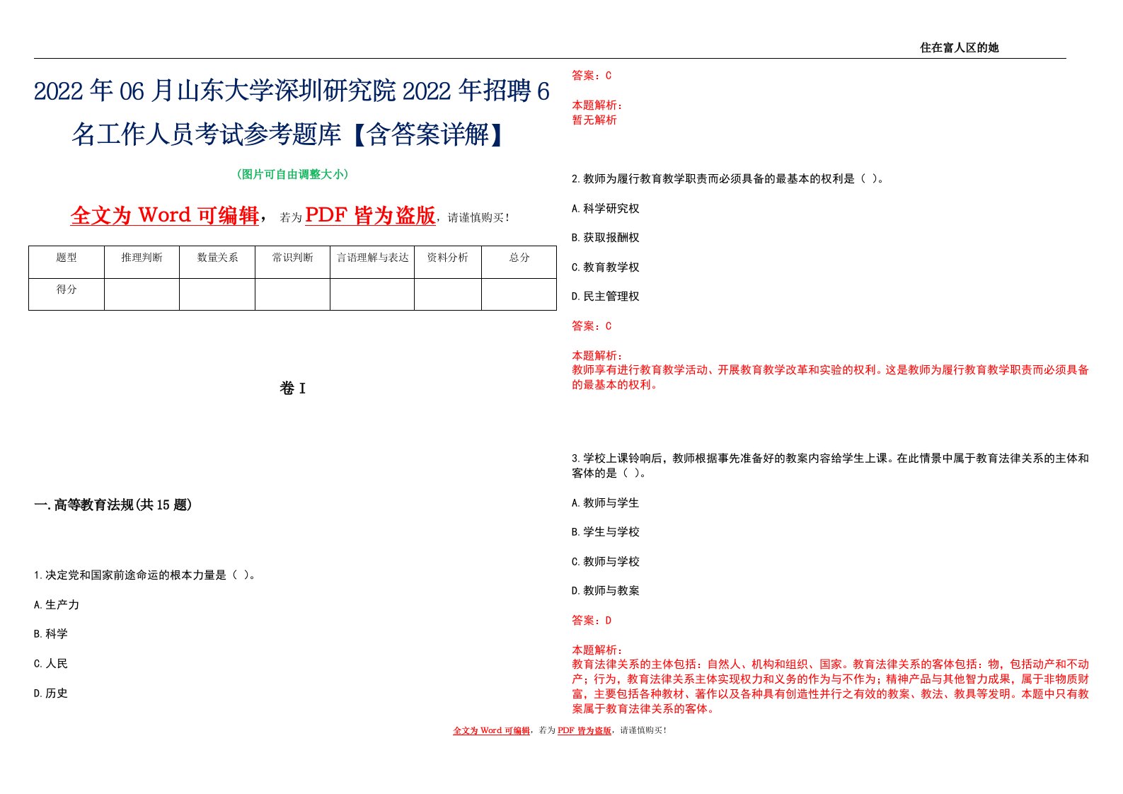 2022年06月山东大学深圳研究院2022年招聘6名工作人员考试参考题库【含答案详解】