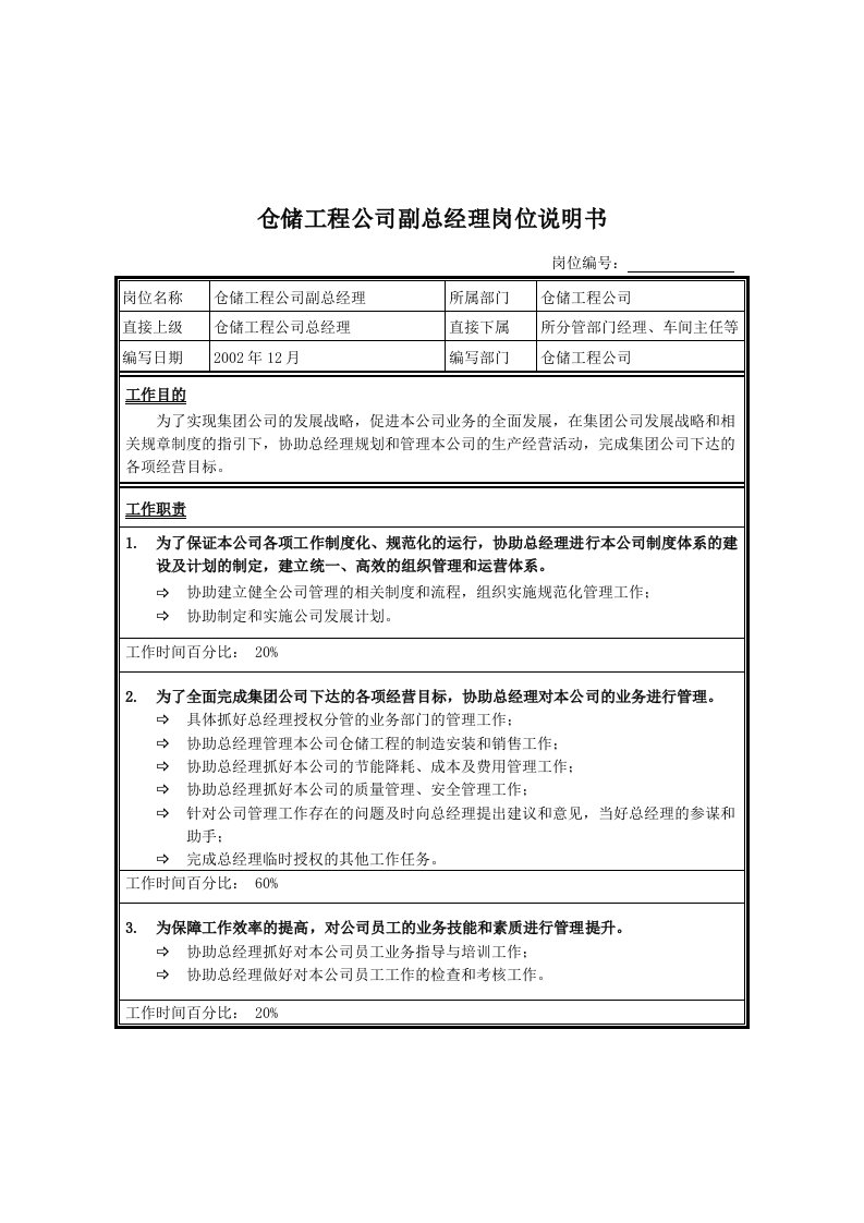 仓储工程公司副总经理岗位说明书