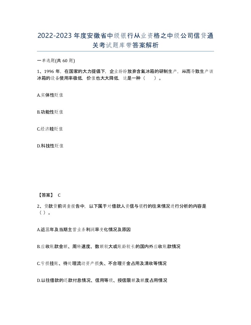 2022-2023年度安徽省中级银行从业资格之中级公司信贷通关考试题库带答案解析