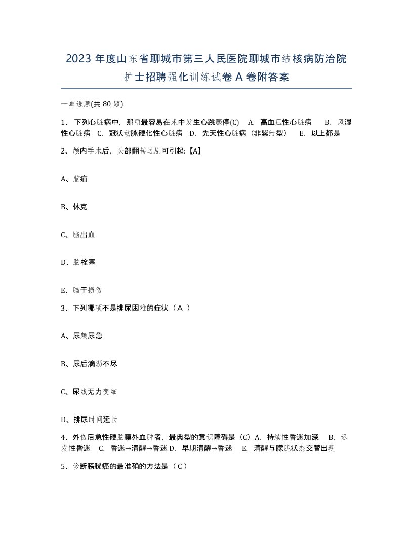 2023年度山东省聊城市第三人民医院聊城市结核病防治院护士招聘强化训练试卷A卷附答案