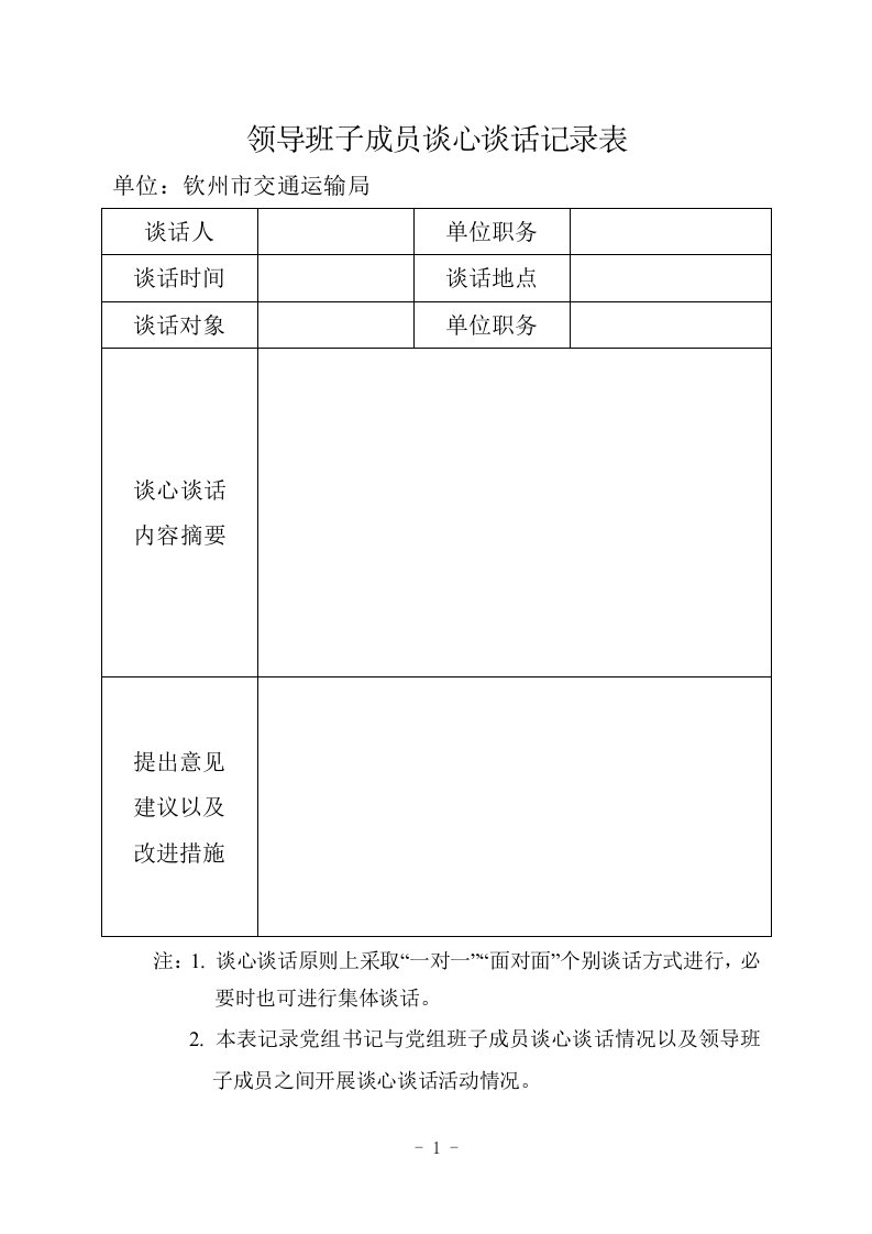 领导班子成员谈心谈话记录表