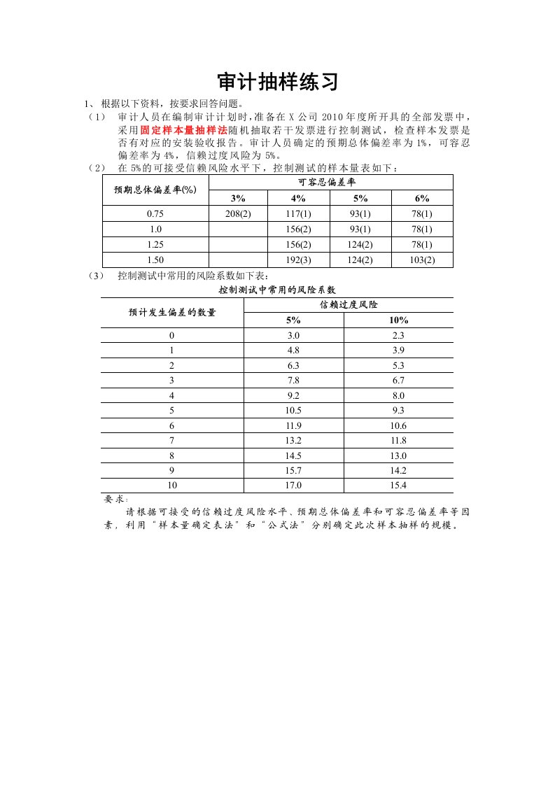 审计抽样练习——固定样本量抽样法