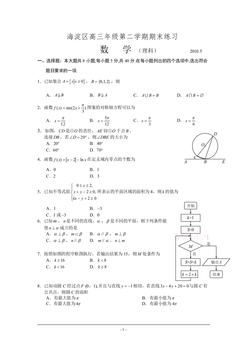 【小学中学教育精选】海淀区高三年级第二学期期末练习（数学理Word精编版）