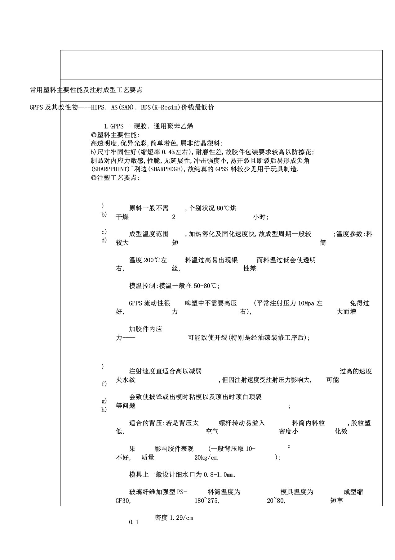 新常用塑料主要性能及注射成型工艺要点