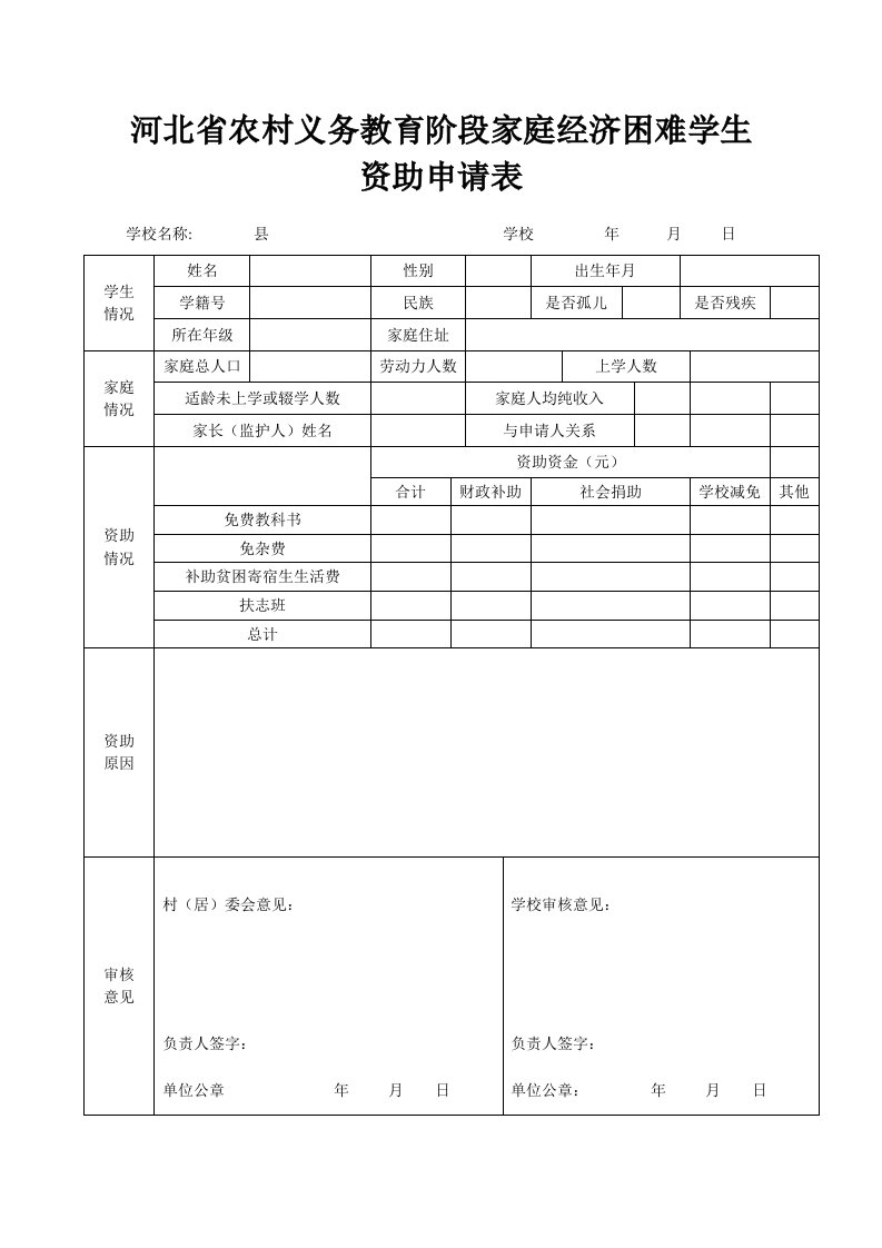 河北省农村义务教育阶段家庭经济困难学生资助申请表