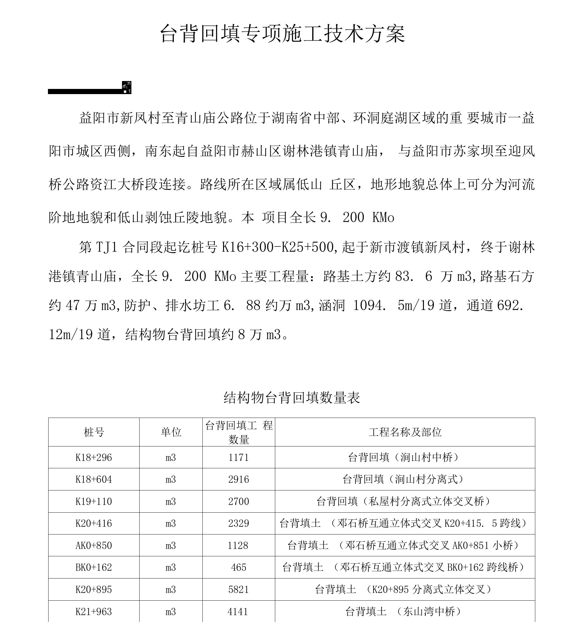 湖南省益阳市某公路路段台背回填、花岗岩路缘石安装施工方案