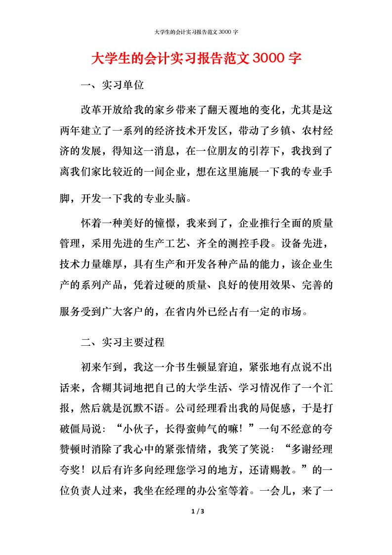 精编大学生的会计实习报告范文3000字