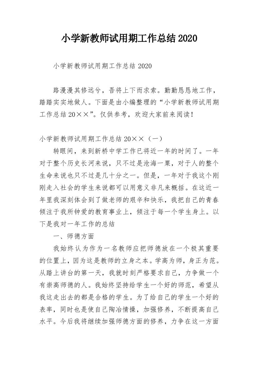 小学新教师试用期工作总结2020_1