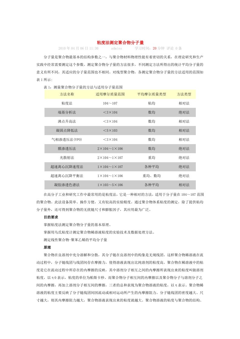 粘度法测定聚合物分子量