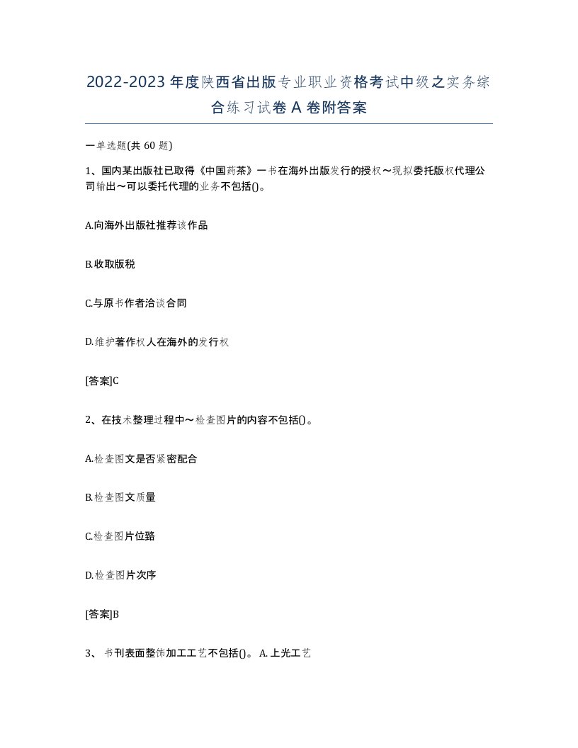 2022-2023年度陕西省出版专业职业资格考试中级之实务综合练习试卷A卷附答案