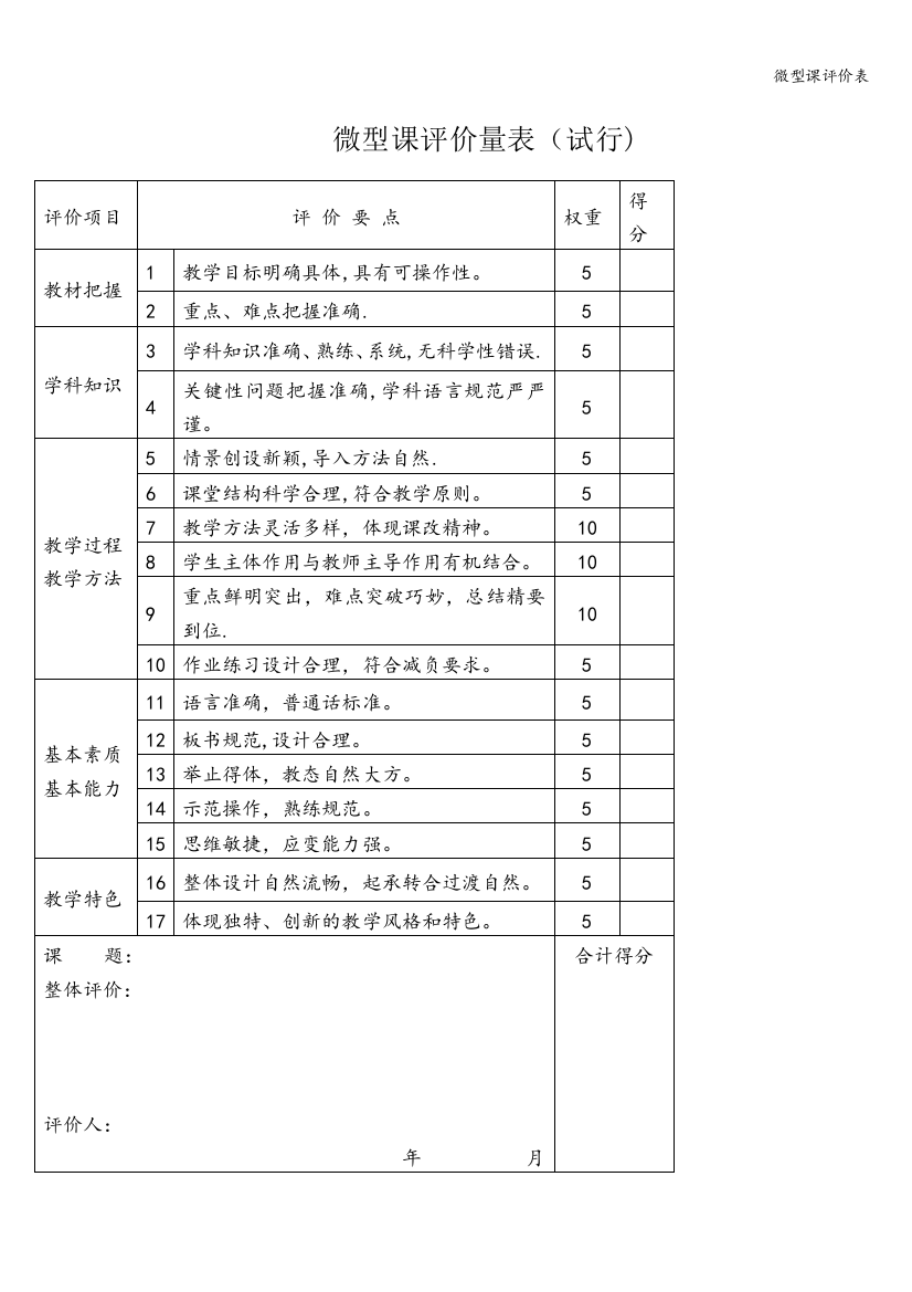 微型课评价表