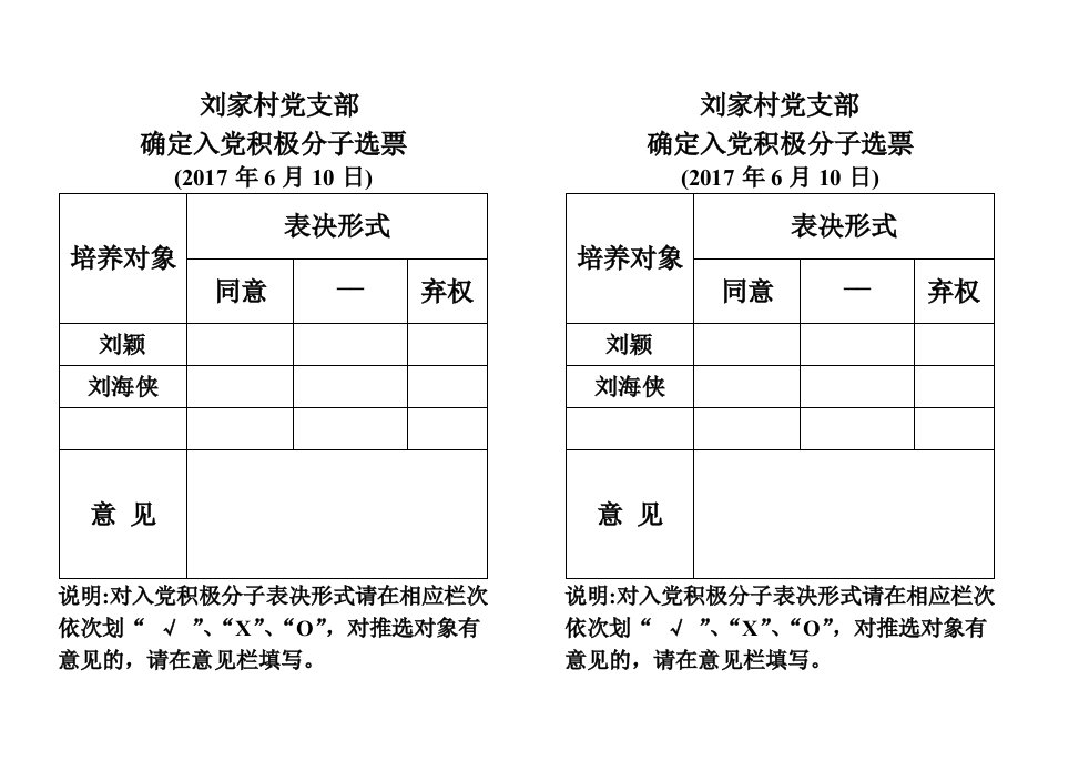 入党积极分子推选票A4版面