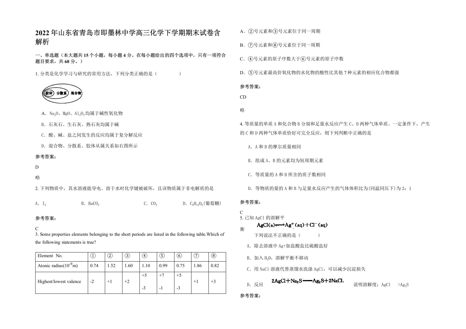 2022年山东省青岛市即墨林中学高三化学下学期期末试卷含解析