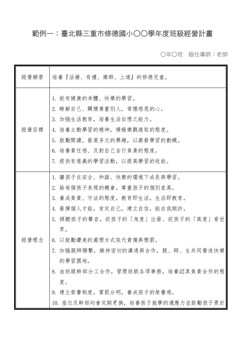 经营管理-范例一台北县三重市修德国小学年度班级经营计画