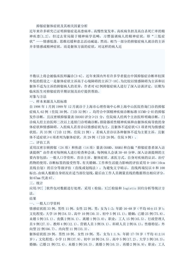 抑郁症躯体症状及其相关因素分析