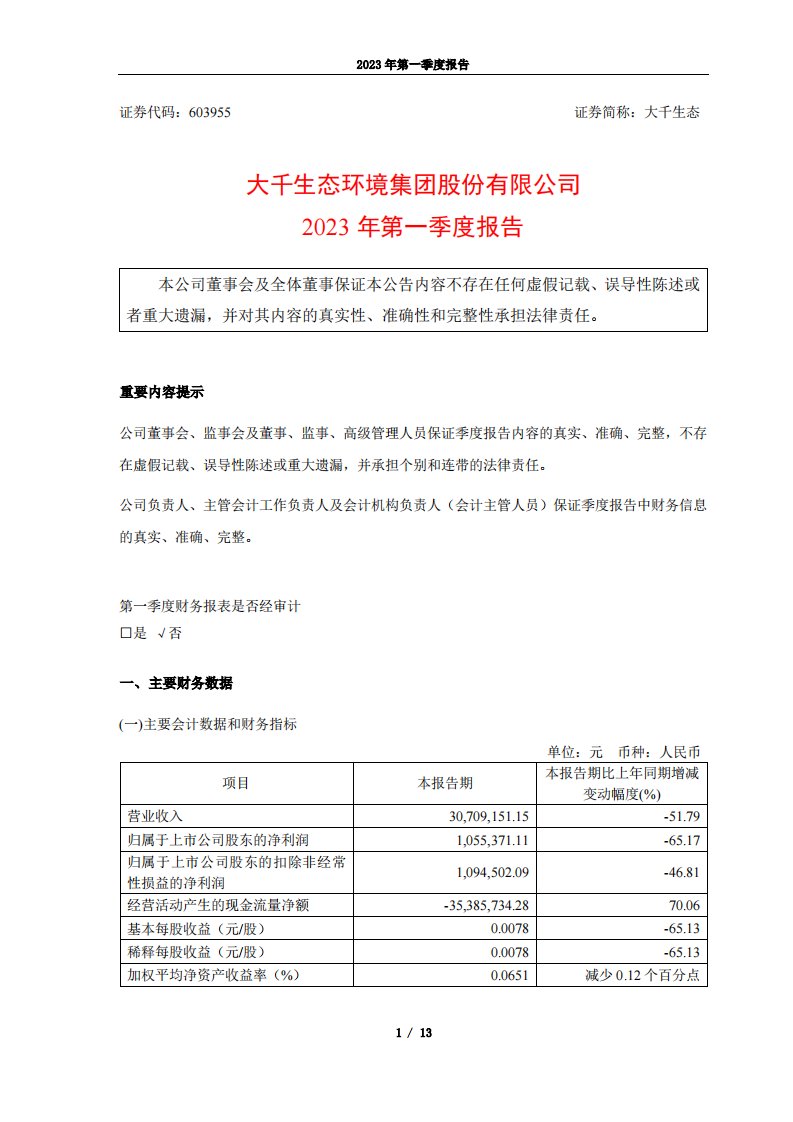 上交所-大千生态2023年第一季度报告-20230425