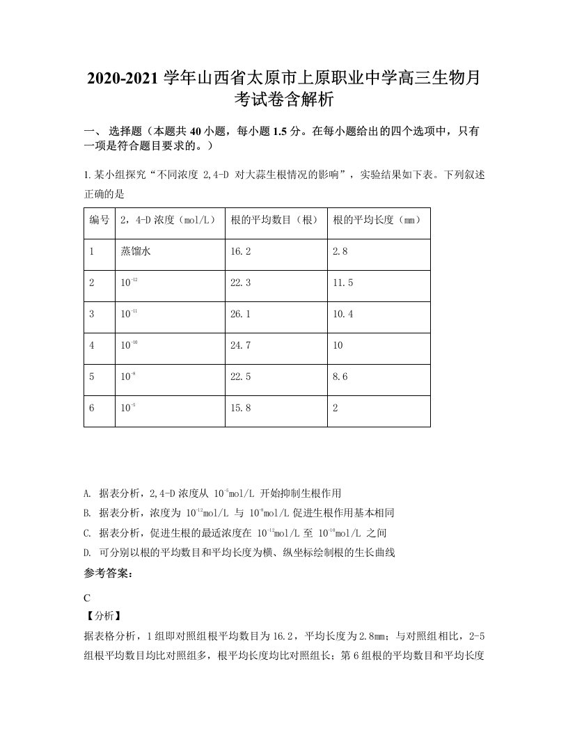 2020-2021学年山西省太原市上原职业中学高三生物月考试卷含解析