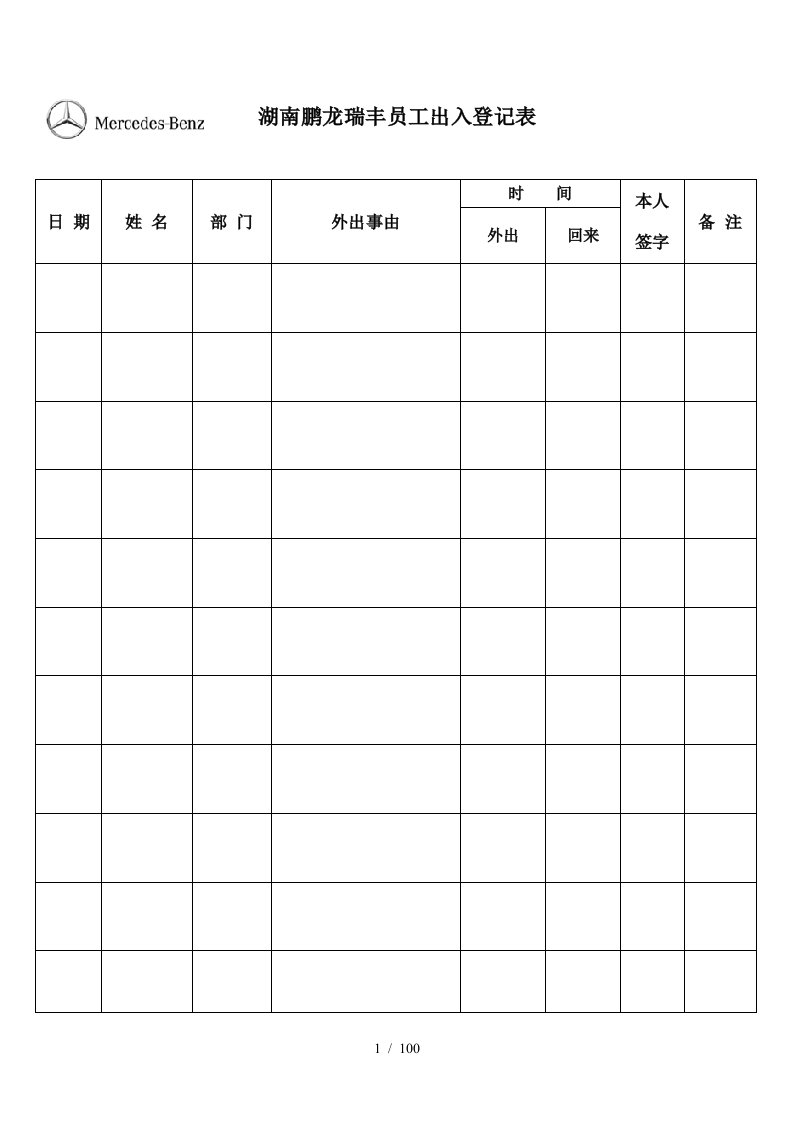 企业员工出入登记表