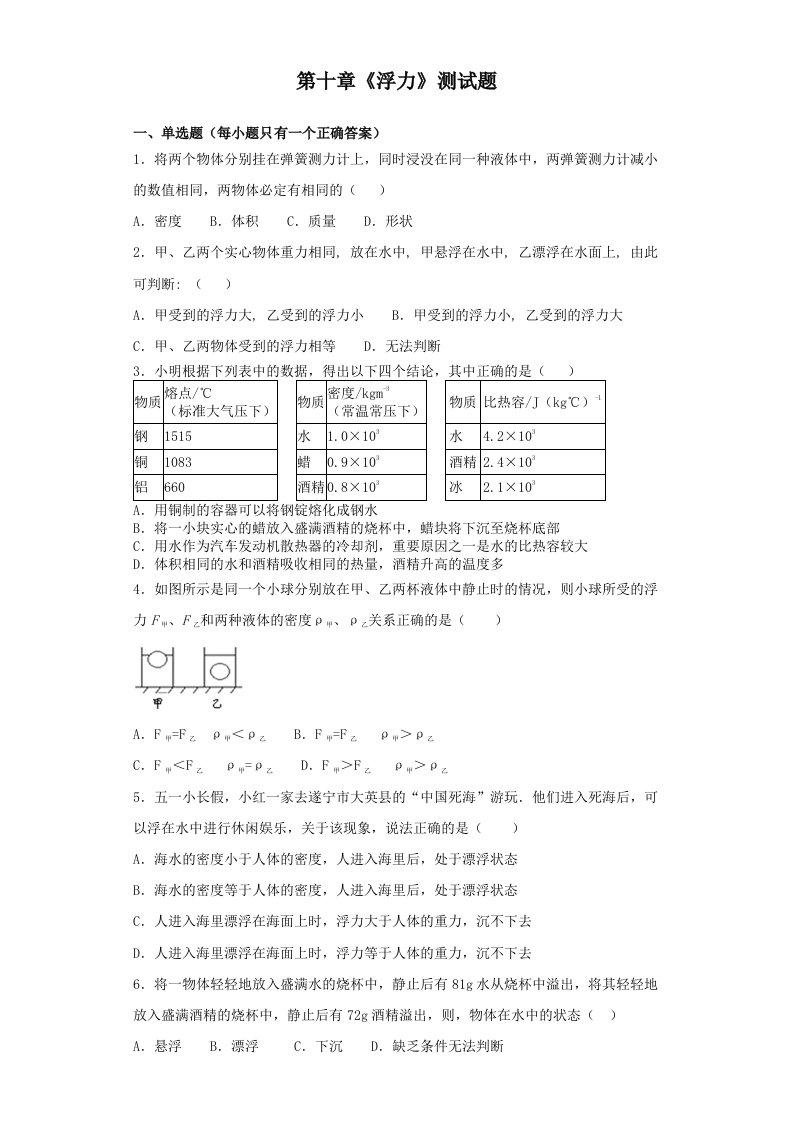 初中物理八年级下册第十章《浮力》测试题