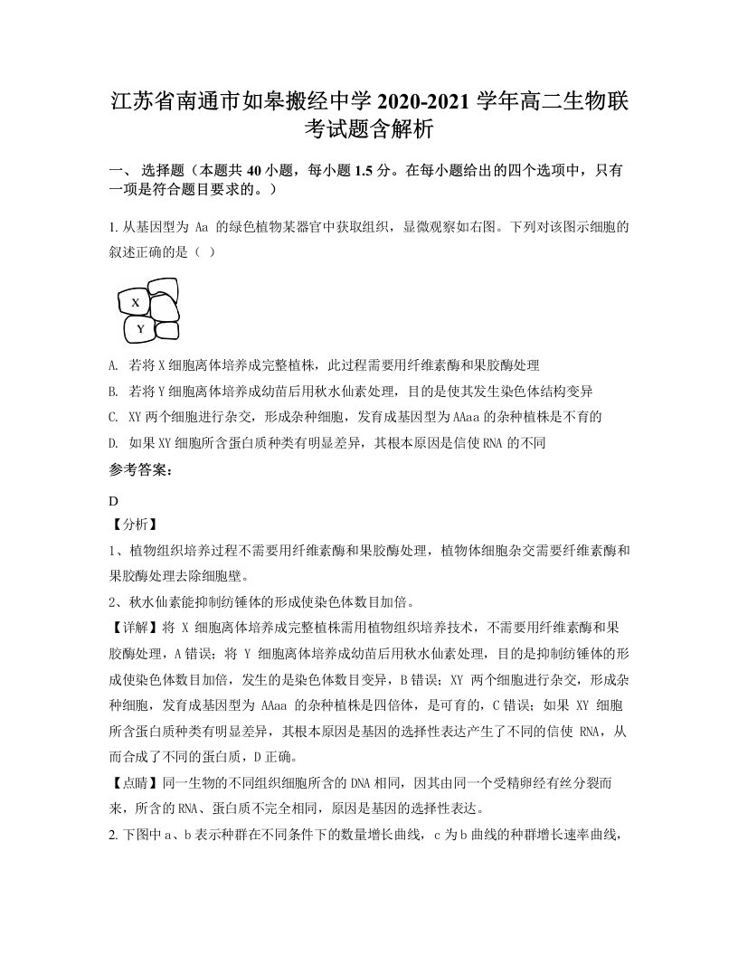 江苏省南通市如皋搬经中学2020-2021学年高二生物联考试题含解析