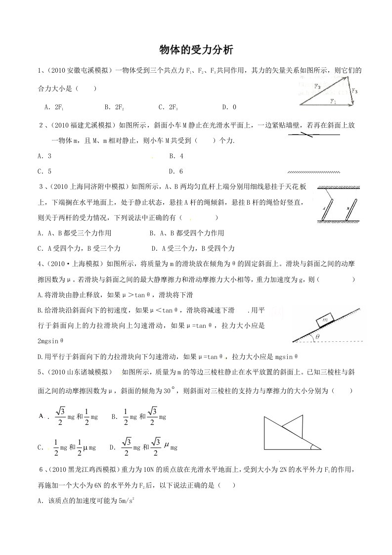 高考物理复习模拟题精析：考点2物体的受力分析(无答案版)