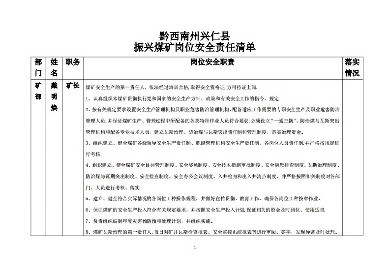 煤矿岗位安全责任清单(定稿)