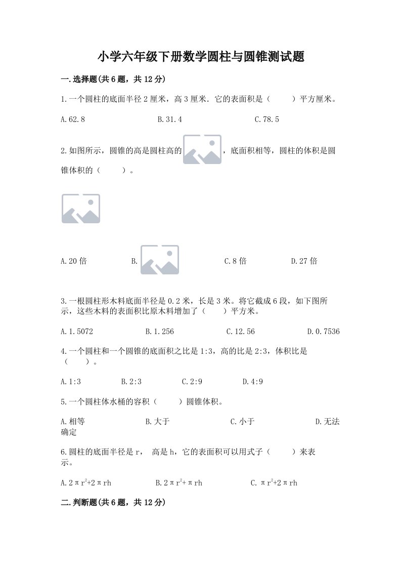 小学六年级下册数学圆柱与圆锥测试题附参考答案（突破训练）