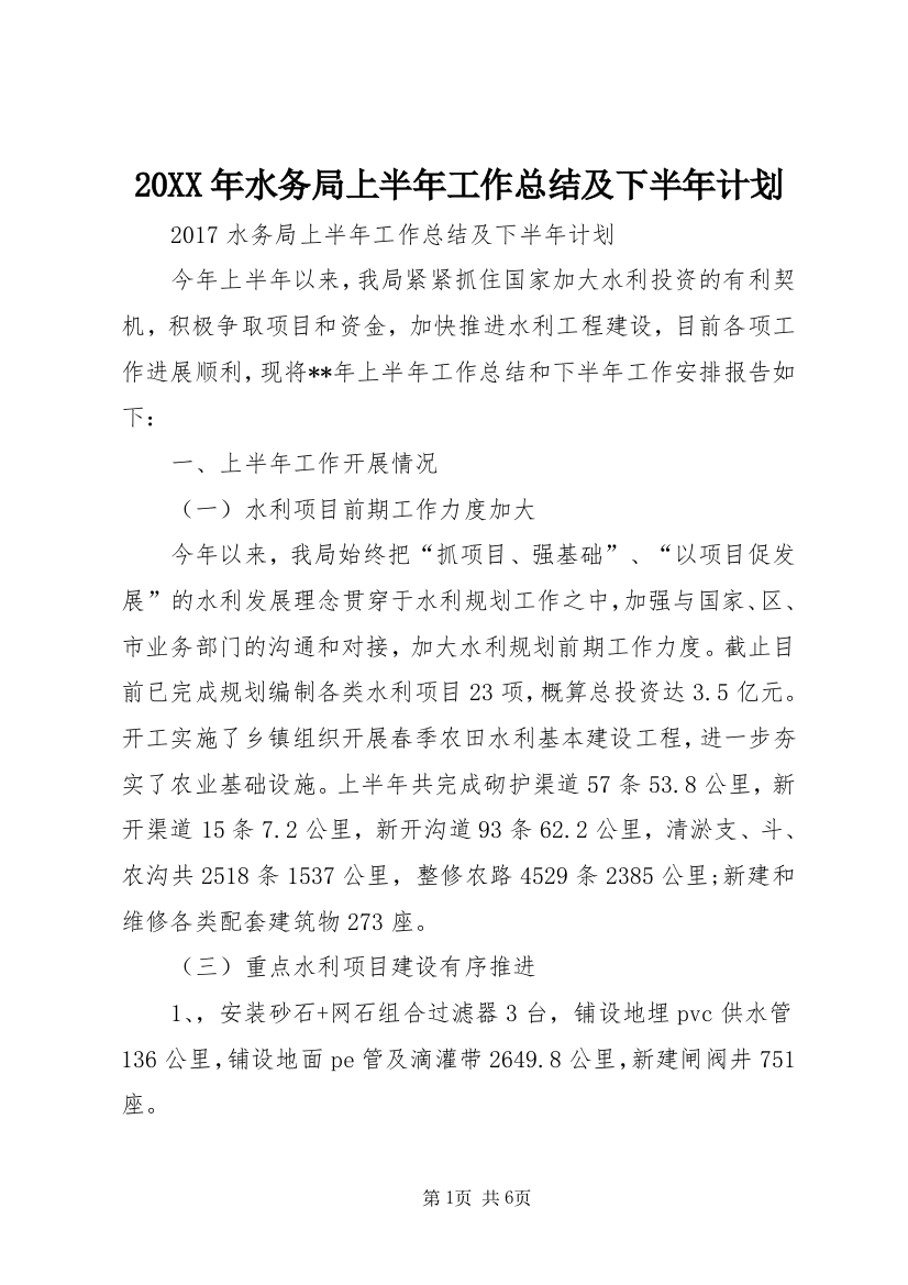 20XX年水务局上半年工作总结及下半年计划