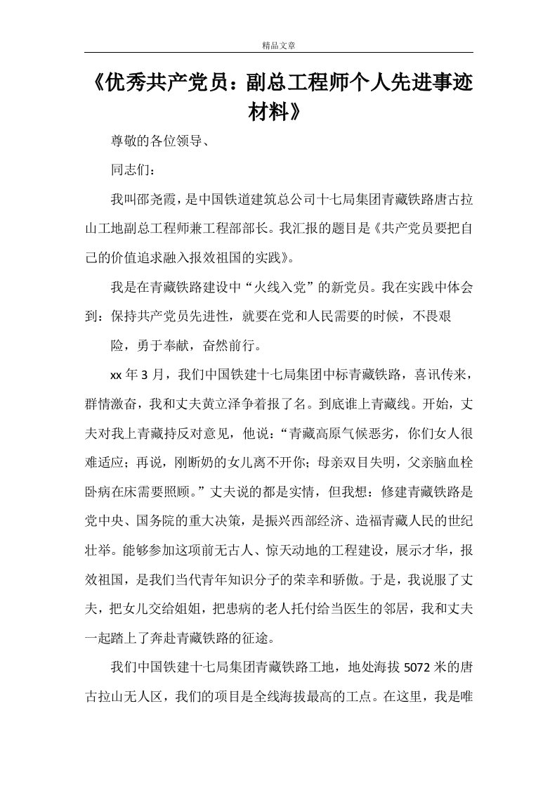 《优秀共产党员：副总工程师个人先进事迹材料》