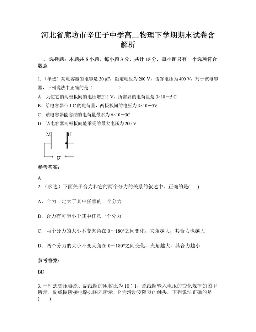 河北省廊坊市辛庄子中学高二物理下学期期末试卷含解析