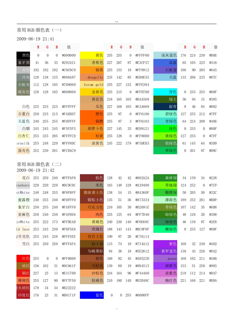 常用RGB颜色表