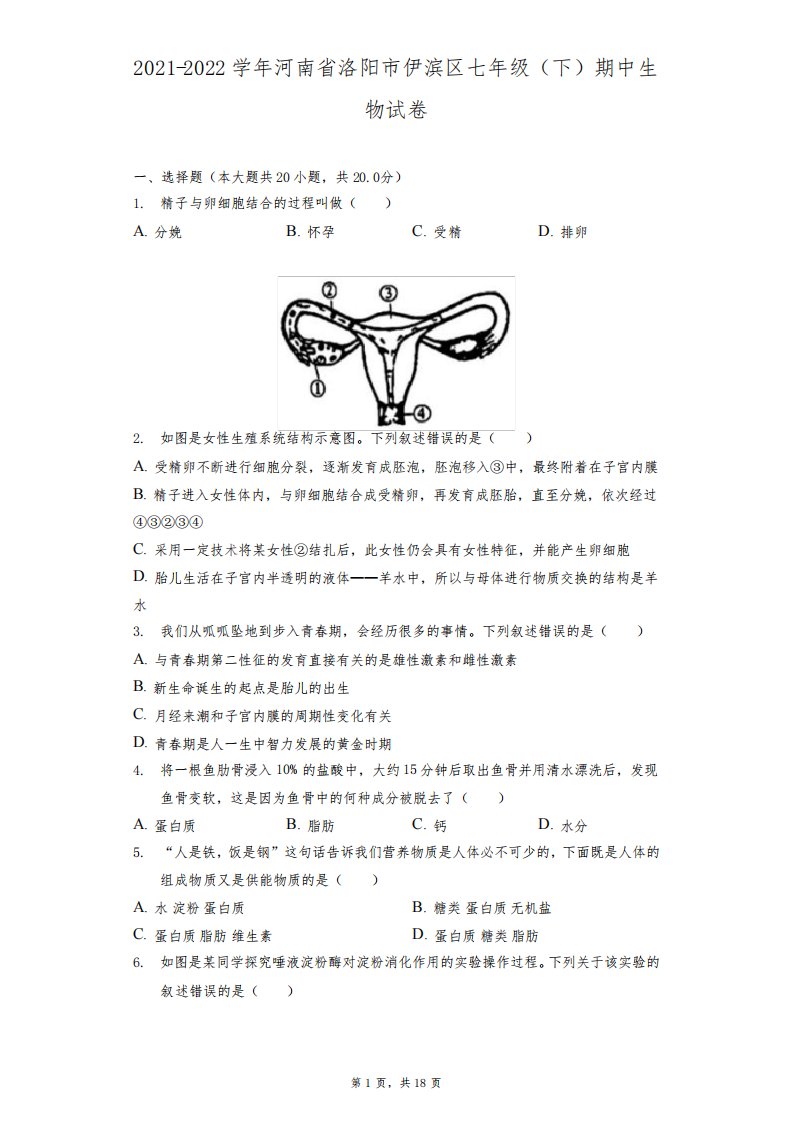 2021-2022学年河南省洛阳市伊滨区七年级(下)期中生物试卷(附答案详解)