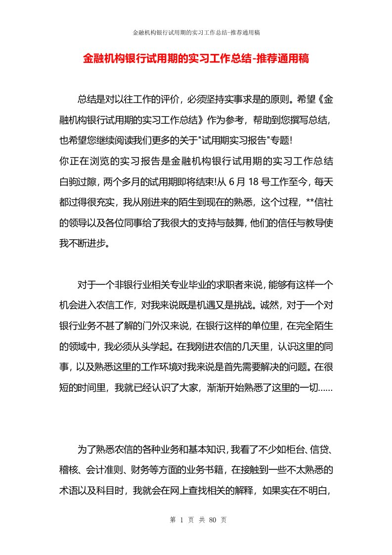 金融机构银行试用期的实习工作总结