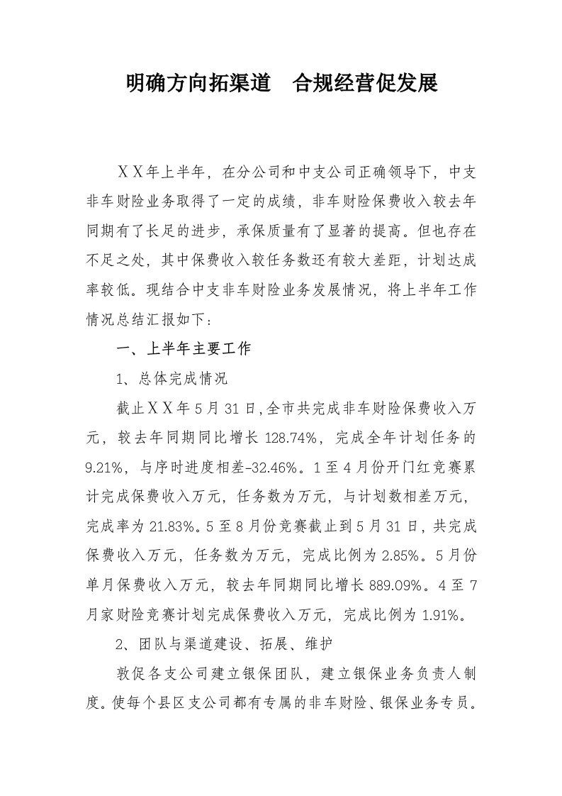 保险公司非车险部上半年工作总结