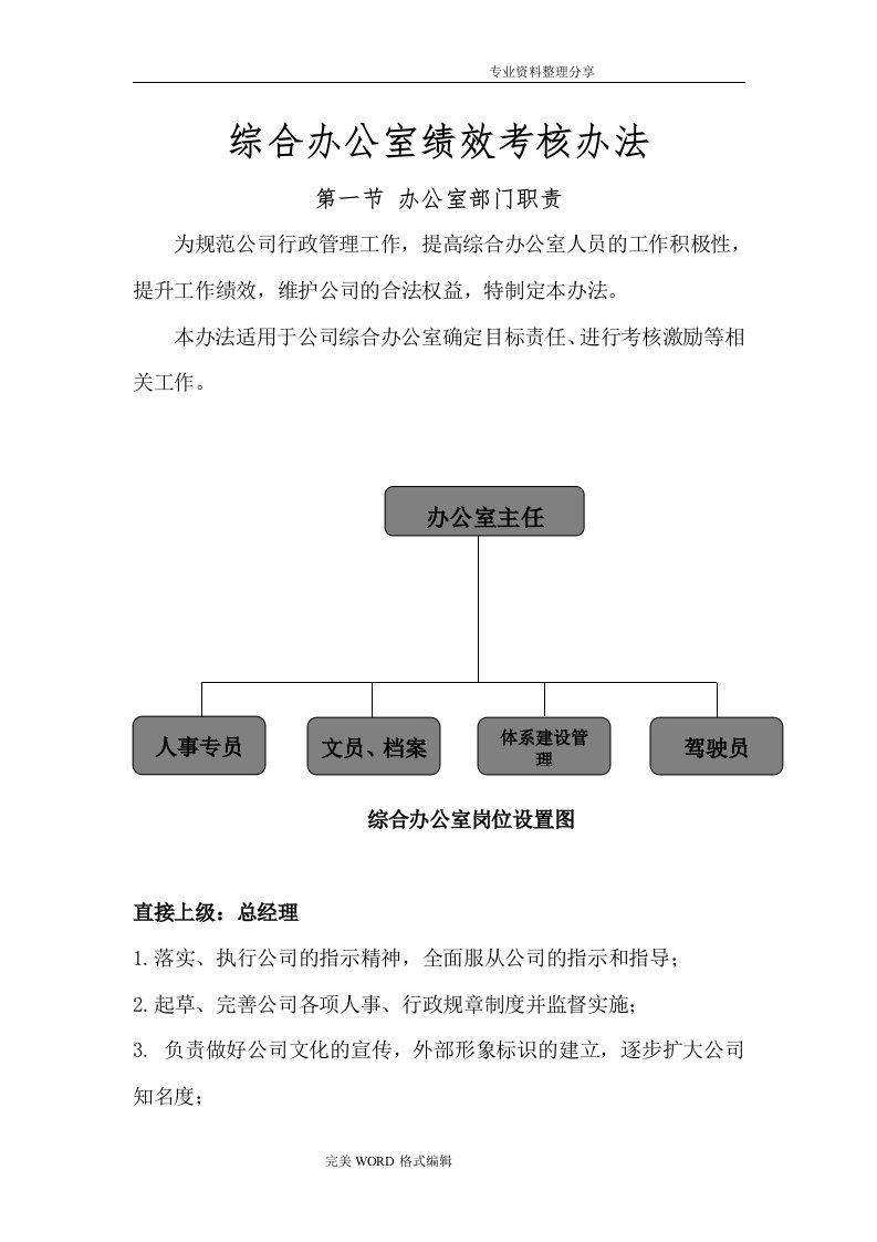 综合办公室、人力资源部门职责和人员岗位职责