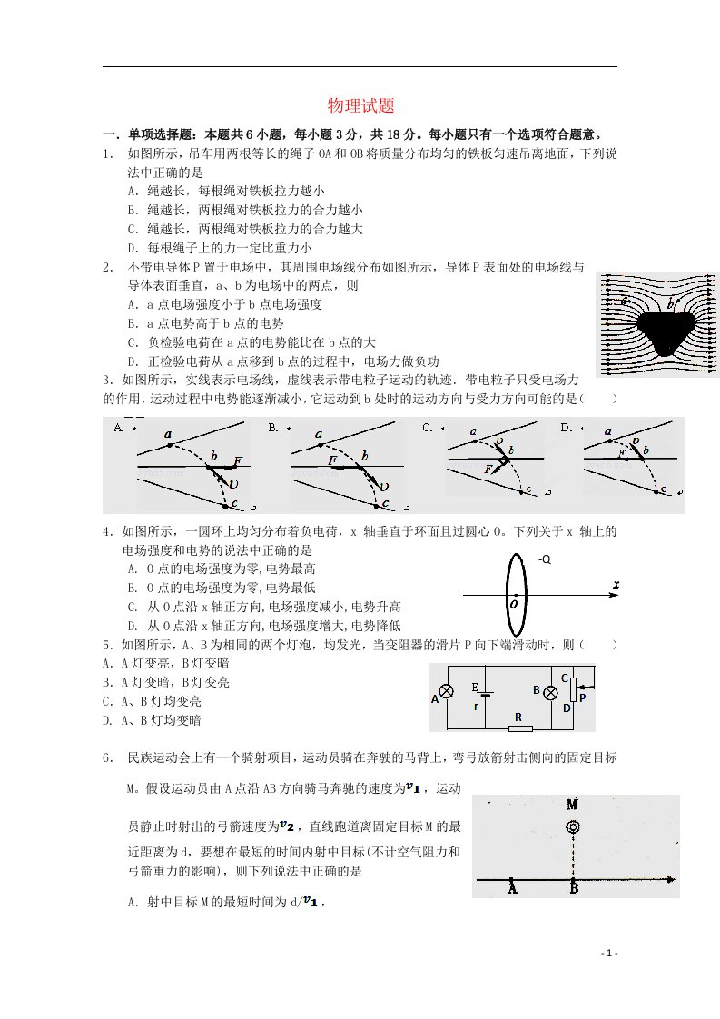 江苏省盐城市时杨中学高三物理1月调研试题