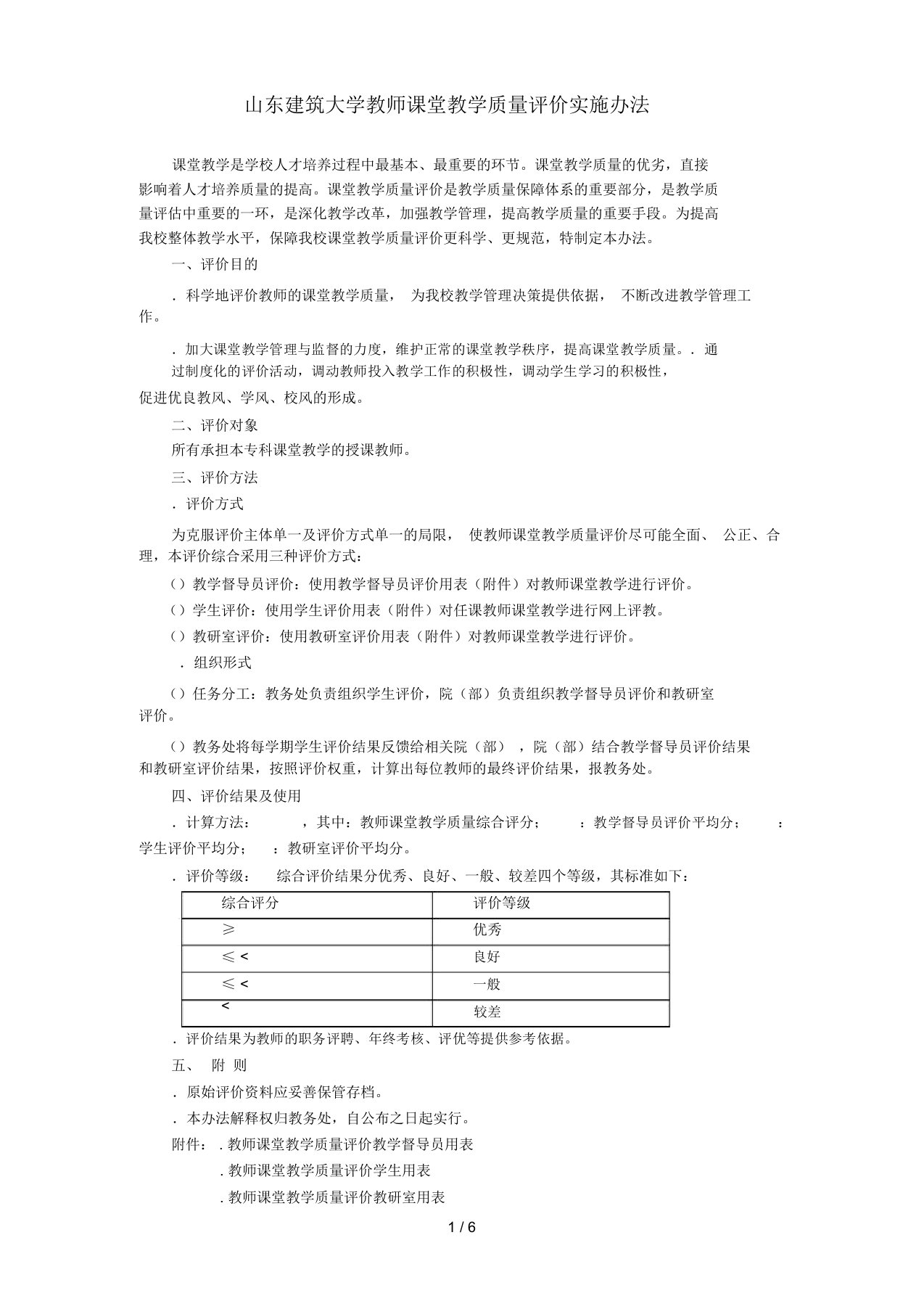 山东建筑大学教师课堂教学质量评价实施办法