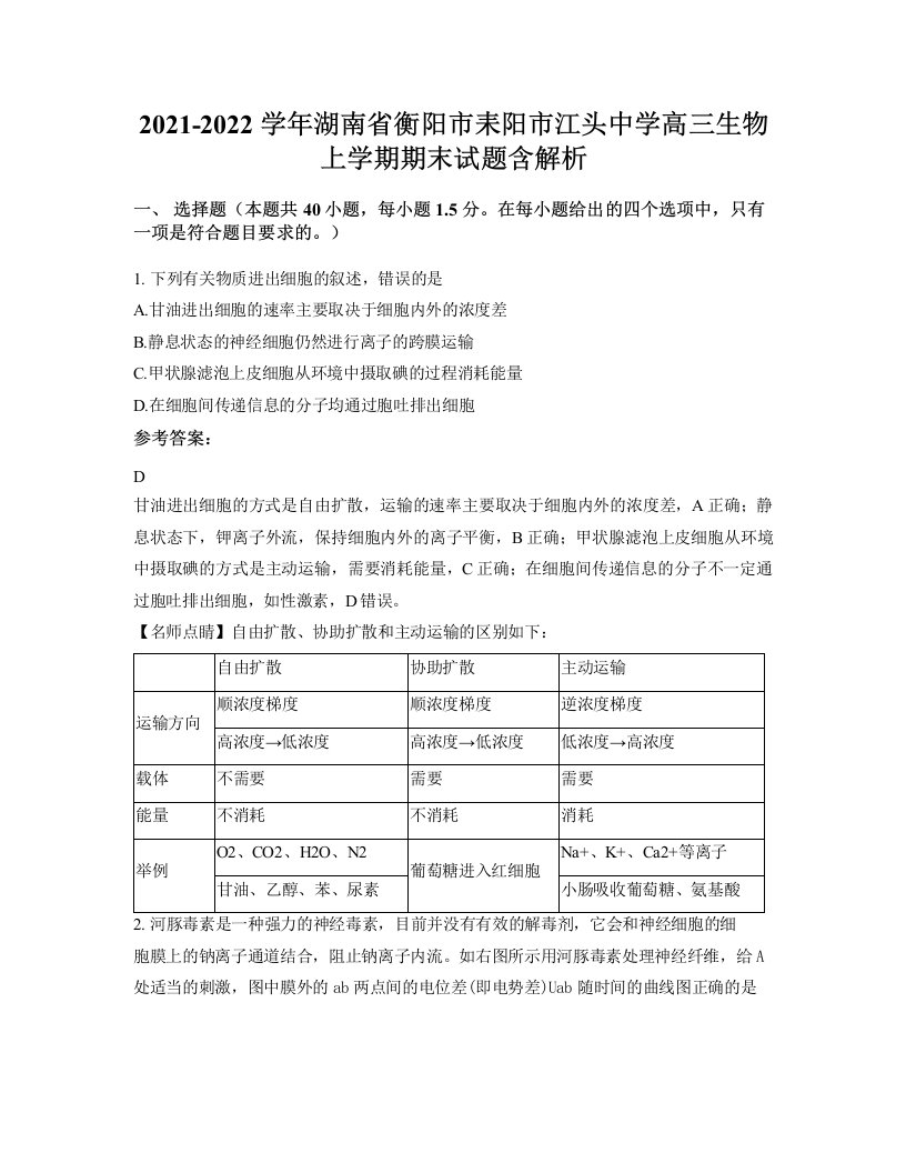 2021-2022学年湖南省衡阳市耒阳市江头中学高三生物上学期期末试题含解析