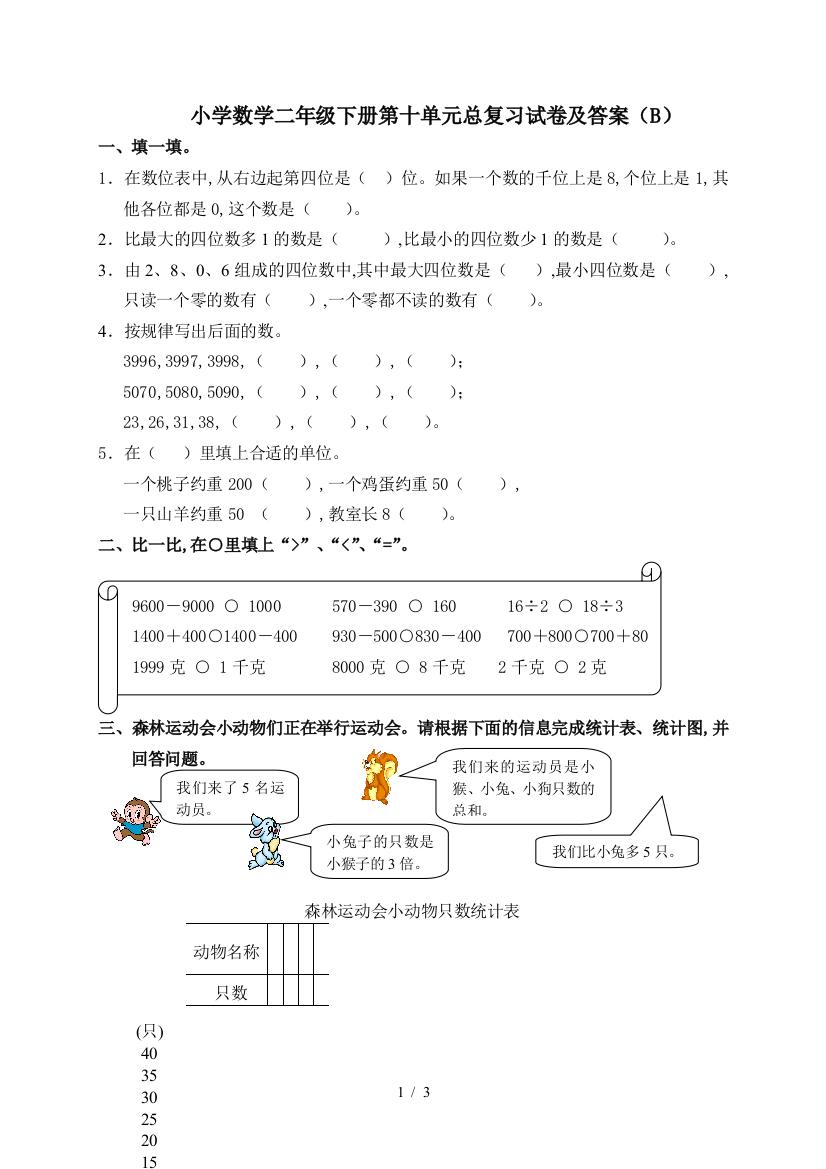 小学数学二年级下册第十单元总复习试卷及答案(B)