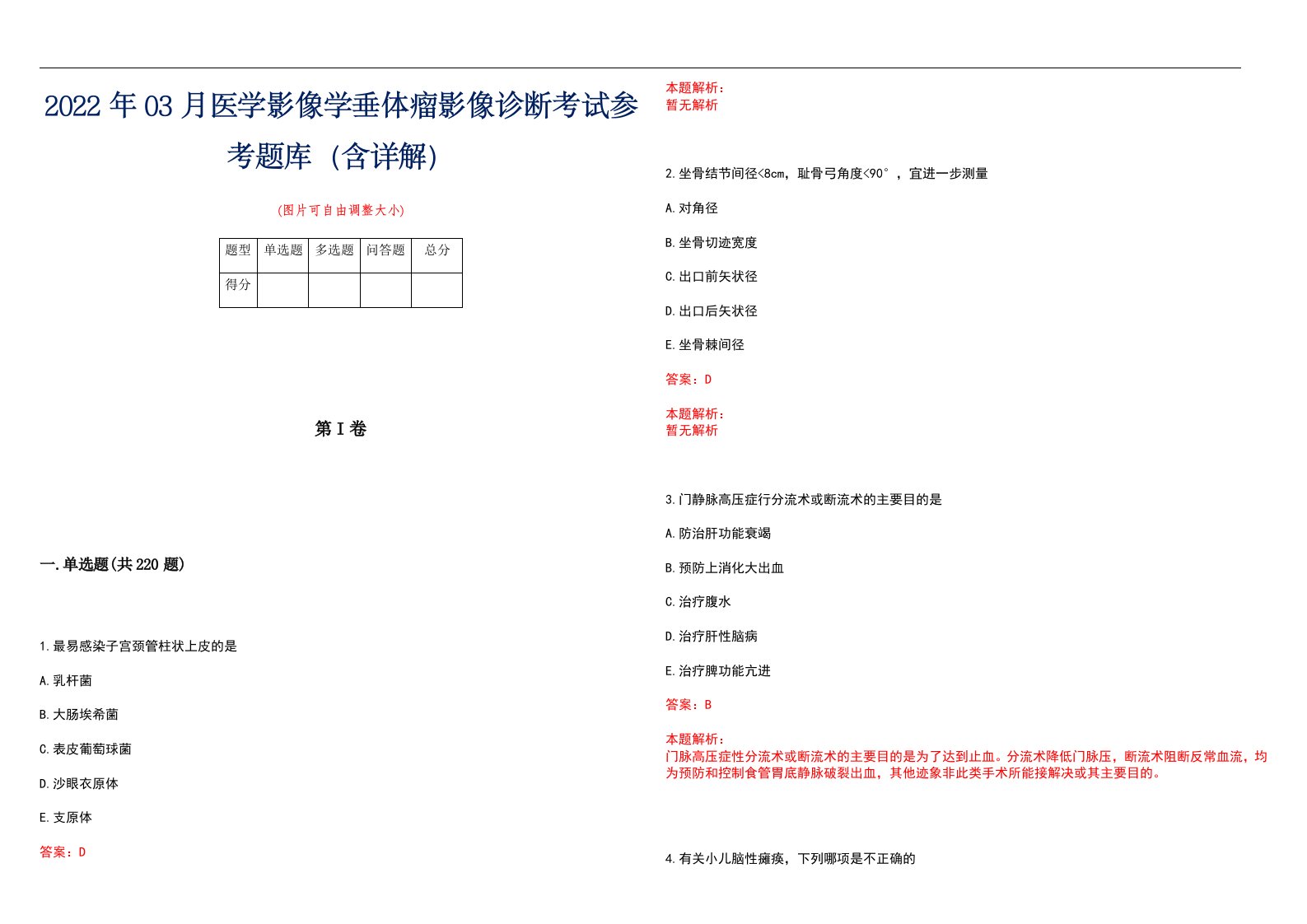 2022年03月医学影像学垂体瘤影像诊断考试参考题库（含详解）