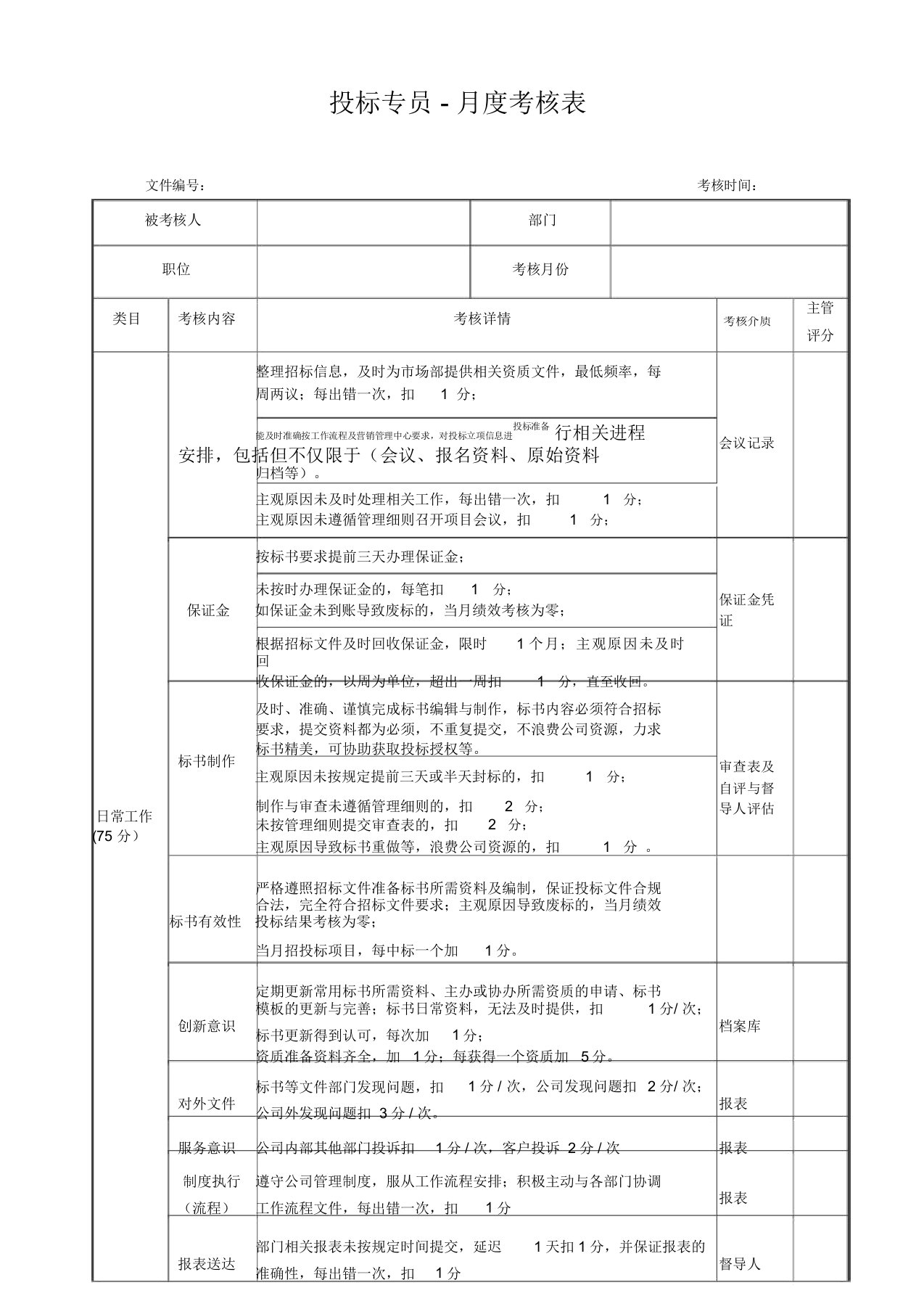 投标专员度绩效考核表格