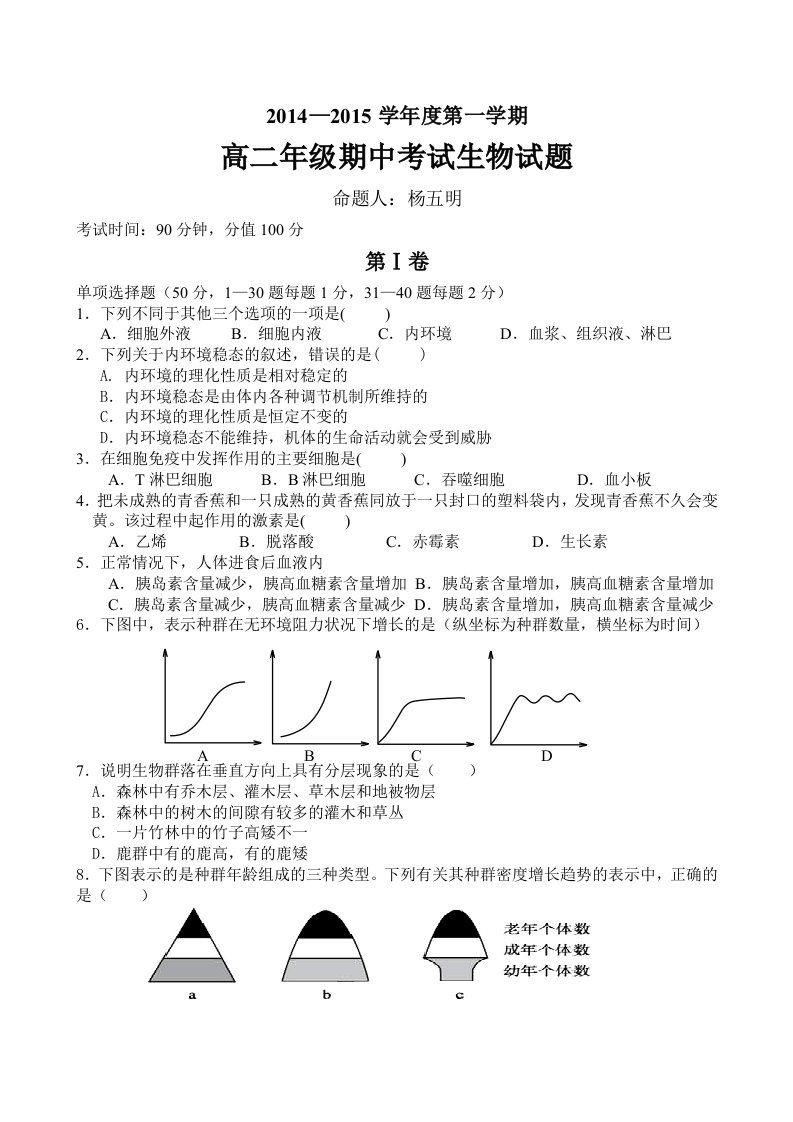 2014-2015第一学期高二期中考试试题