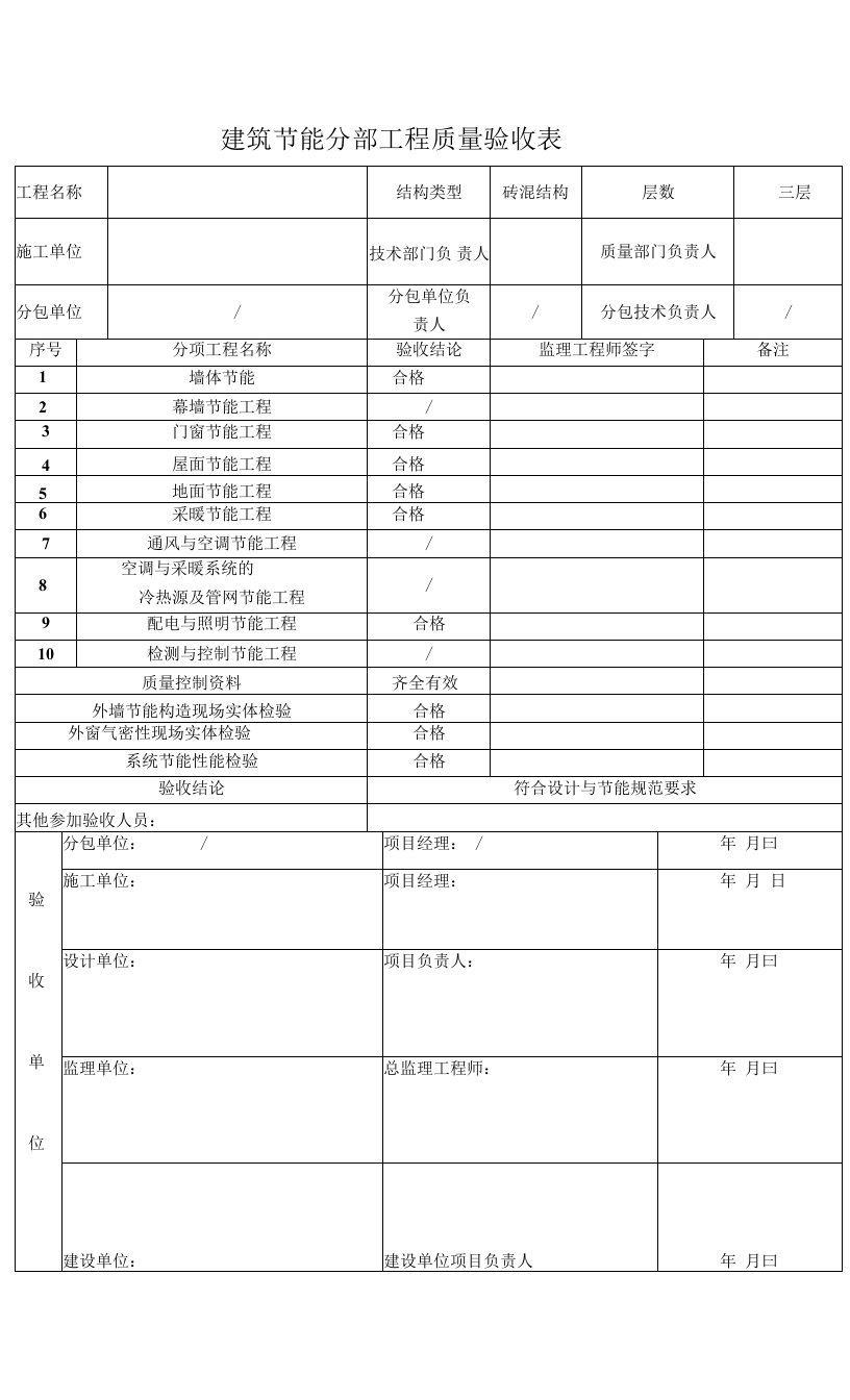 建筑节能分部分项检验批工程质量验收表(全套