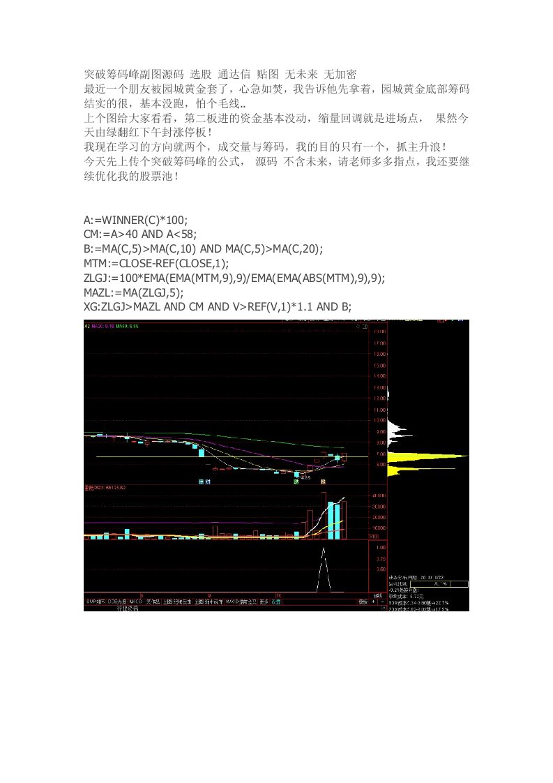 通达信软件指标公式源码突破筹码峰副图源码