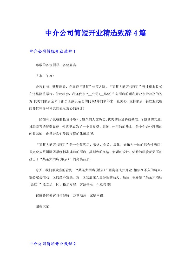 中介公司简短开业精选致辞4篇