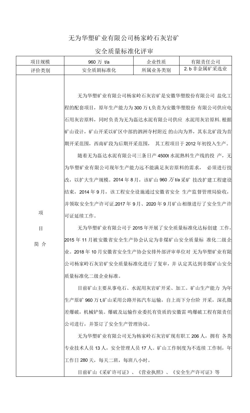 无为华塑矿业有限公司杨家岭石灰岩矿安全质量标准化评审