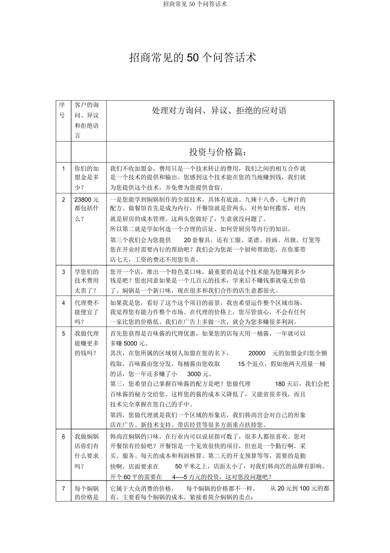 招商常见50个问答话术