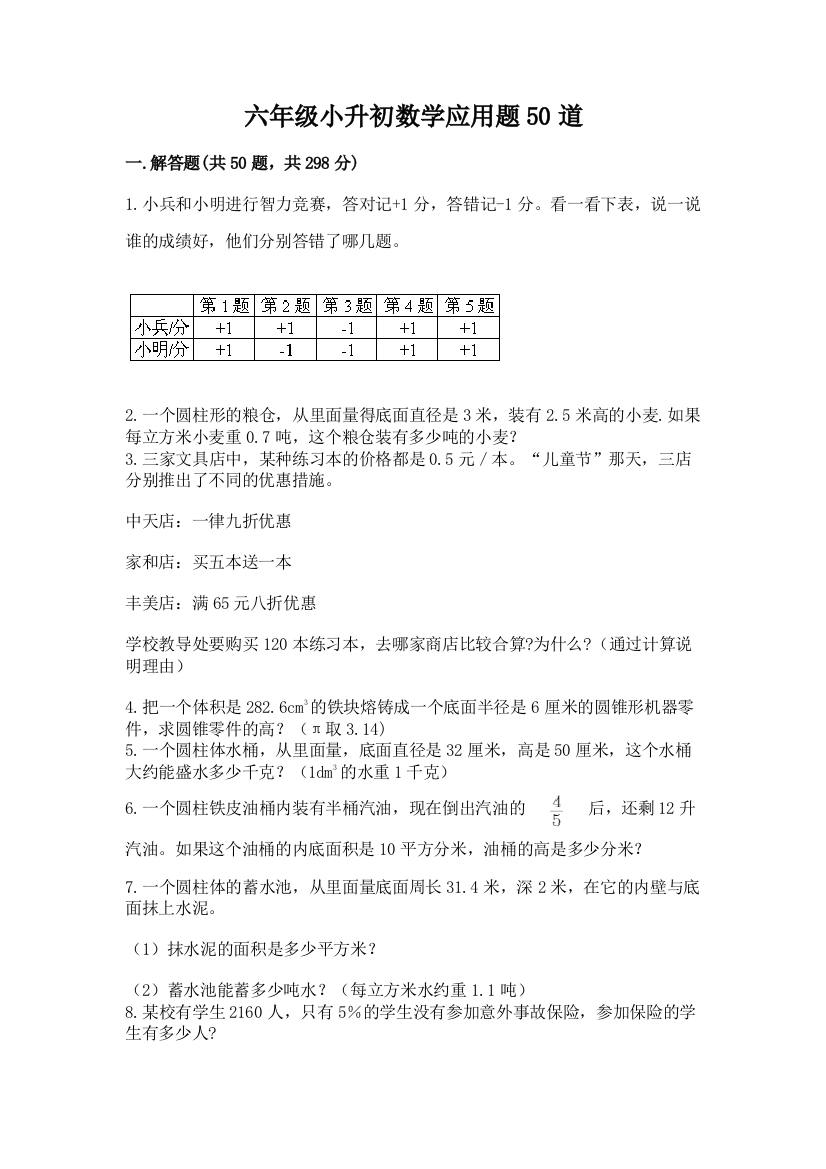 六年级小升初数学应用题50道精品（易错题）