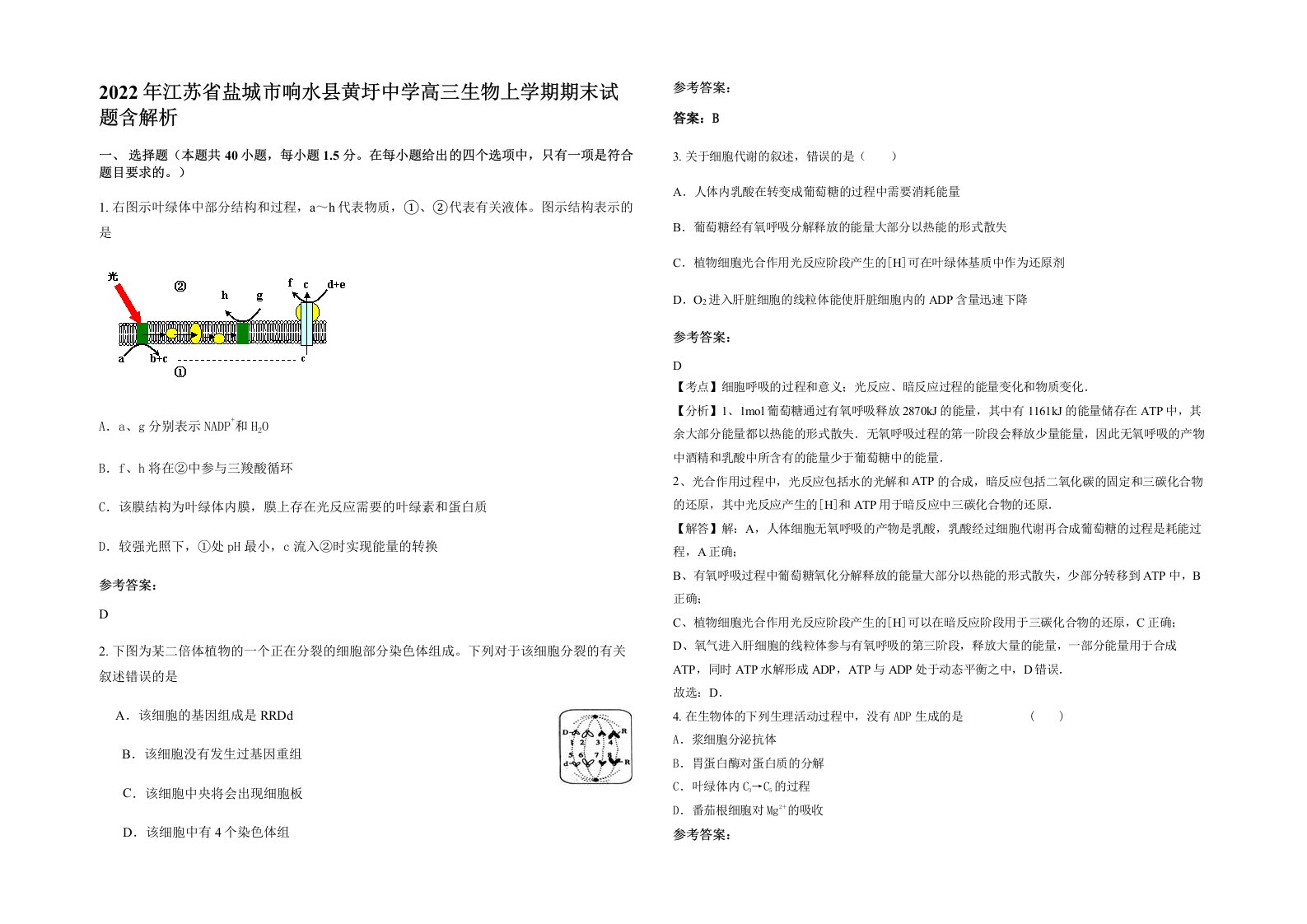 2022年江苏省盐城市响水县黄圩中学高三生物上学期期末试题含解析